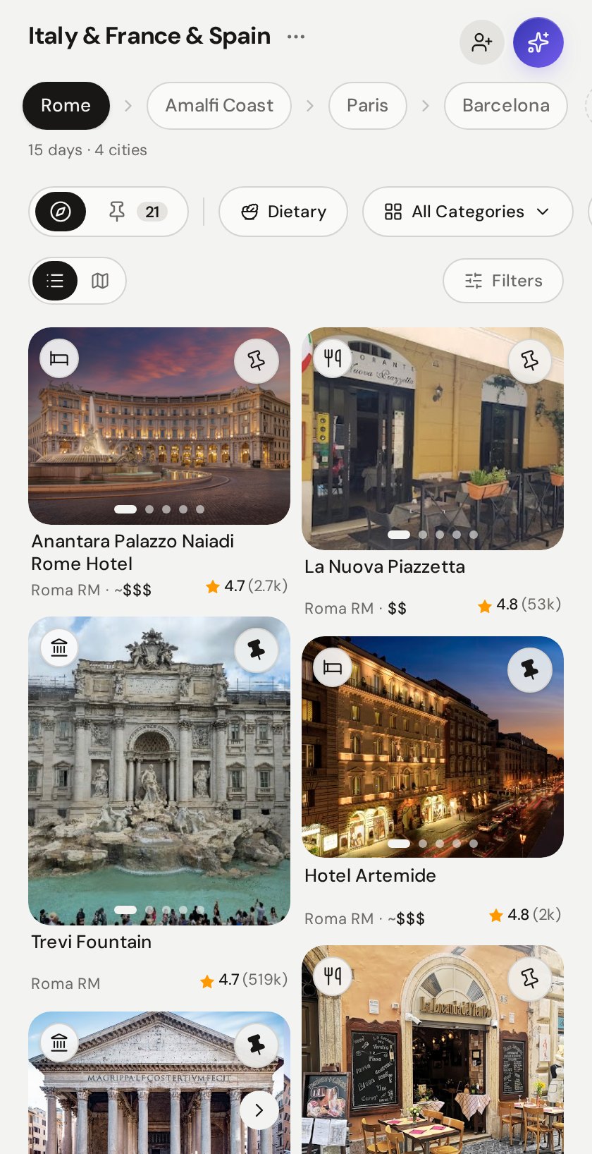 XPLR discovery feed showing curated places in Rome with ratings and categories