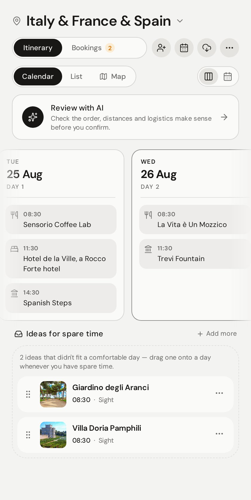XPLR calendar itinerary showing a day-by-day plan across Italy, France and Spain