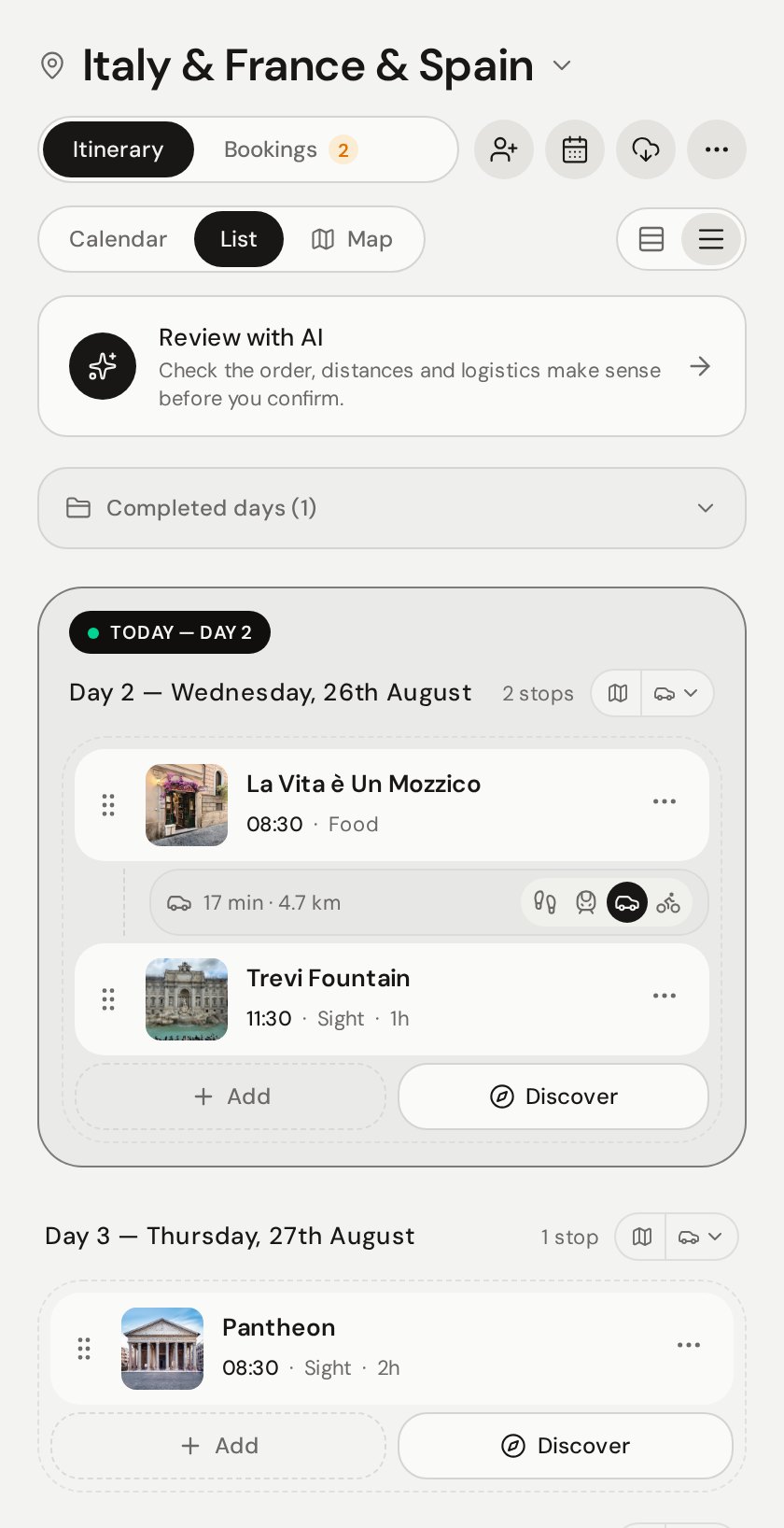 XPLR itinerary list with travel times, crew avatars and the offline download control